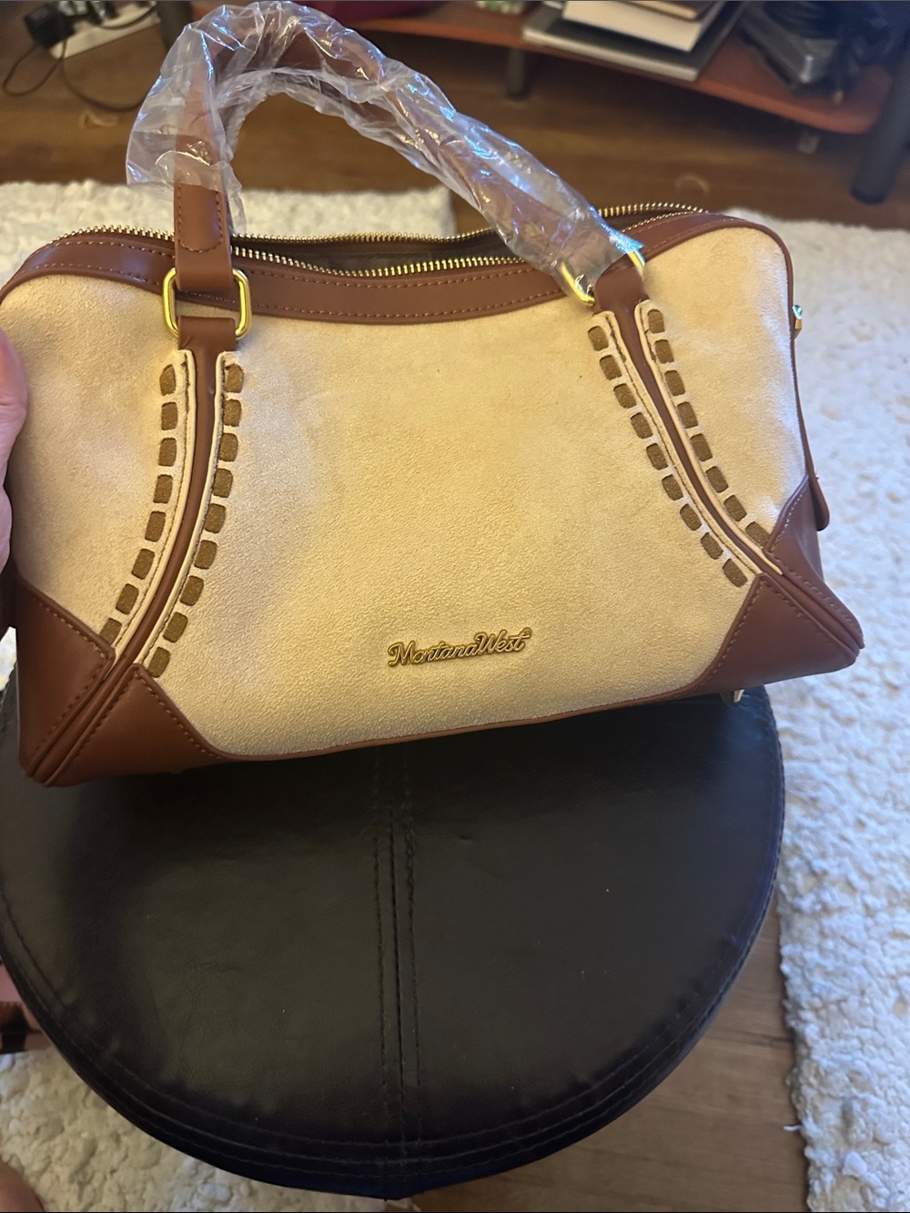 Montana West Beige and Brown Satchel with Gold Hardware